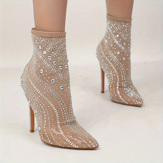 ***BRAND NEW*** Women's Stiletto Heel Rhinestone Beige Boots